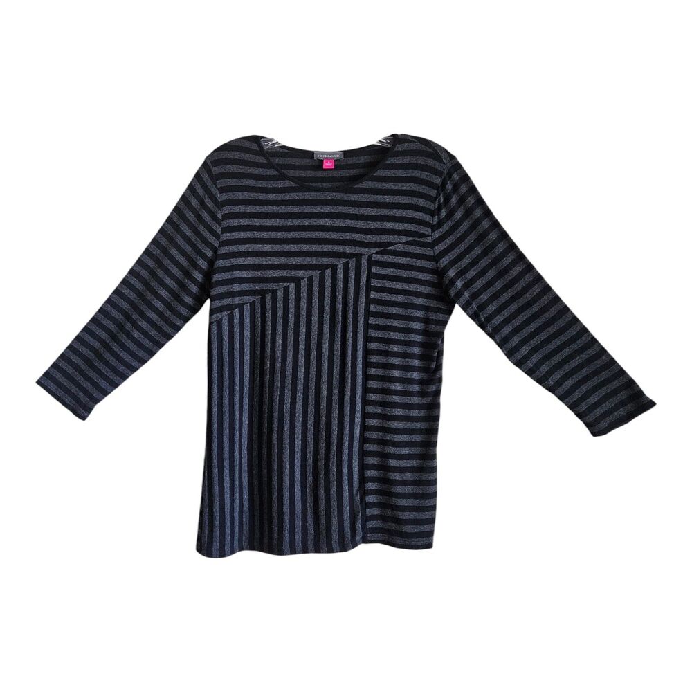 VINCE CAMUTO Women's S Top Black Gray Striped 3/4 Sleeve Lightweight 34"